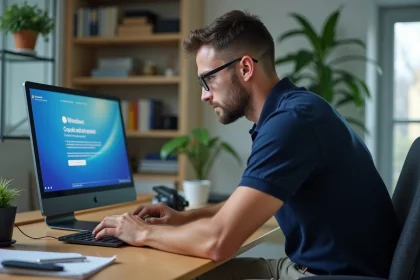 Technicien informatique téléchargeant Windows 7 Professionnel en français sur un laptop dans un bureau moderne