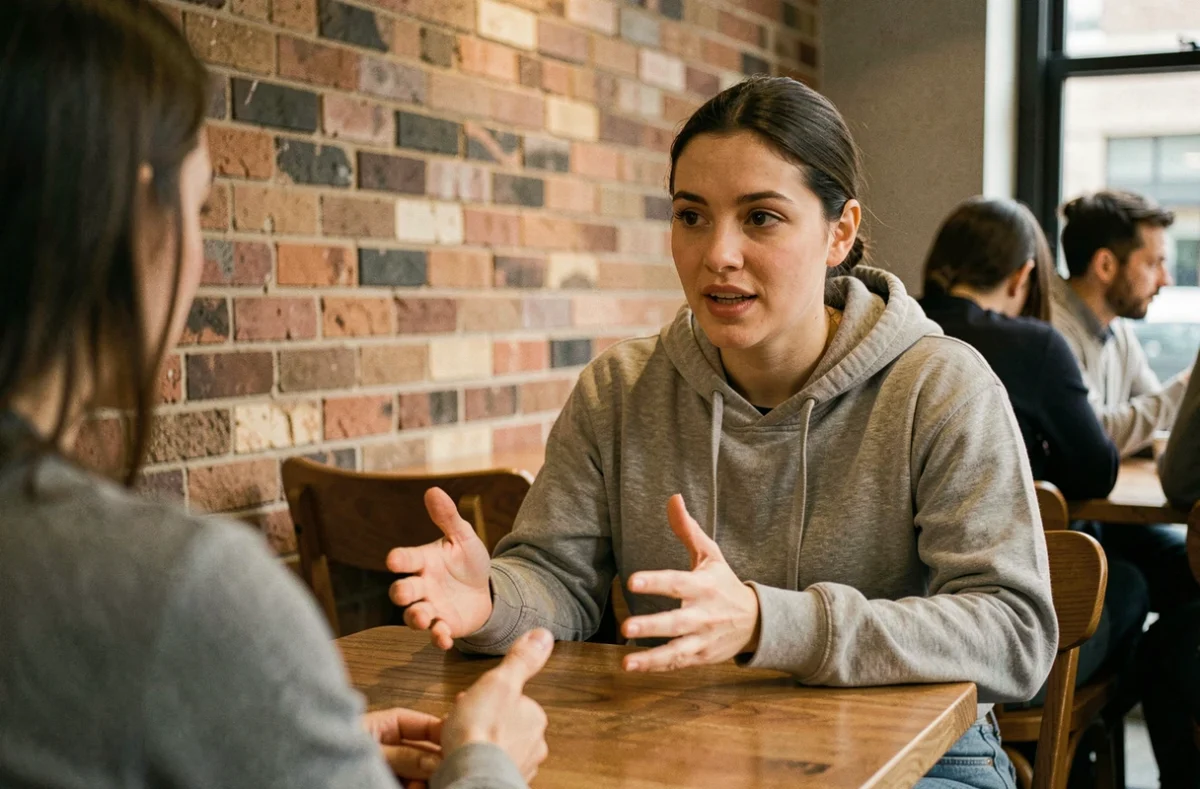 Ancienne étudiante TSRS partageant son témoignage et son expérience terrain dans un café