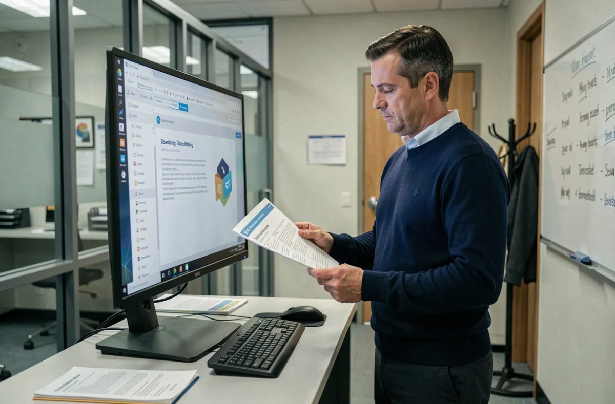 Personnel académique masculin consultant un guide d'utilisation du webmail Toulouse tout en naviguant sur l'interface de messagerie professionnelle