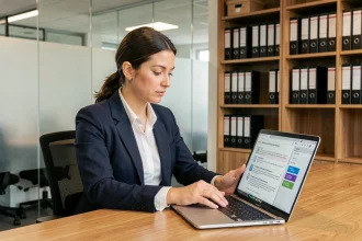 Femme professionnelle consultant des politiques d'utilisation responsable d'une IA sur un ordinateur portable dans un bureau moderne