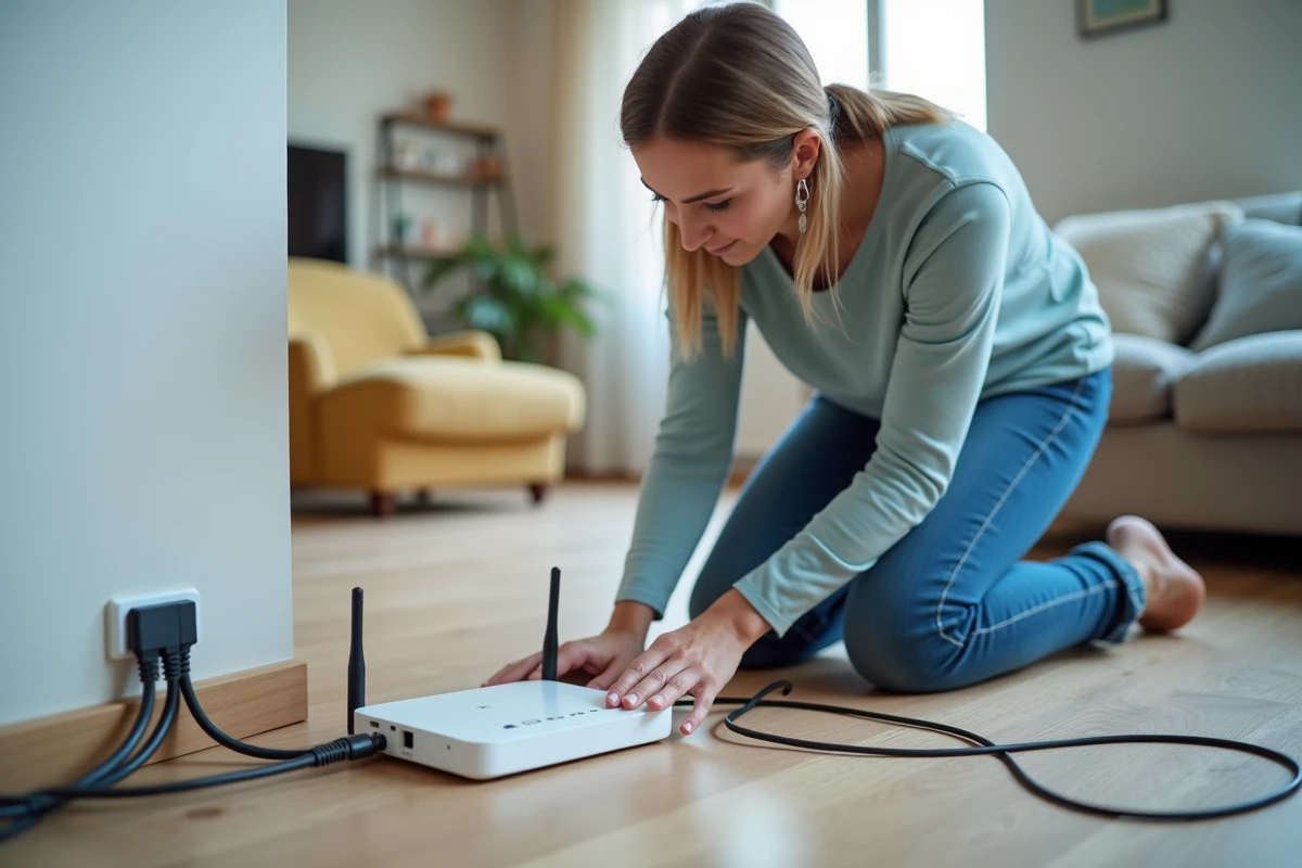 Femme inspectant les câbles d'un routeur ADSL pour résoudre un problème de connexion internet