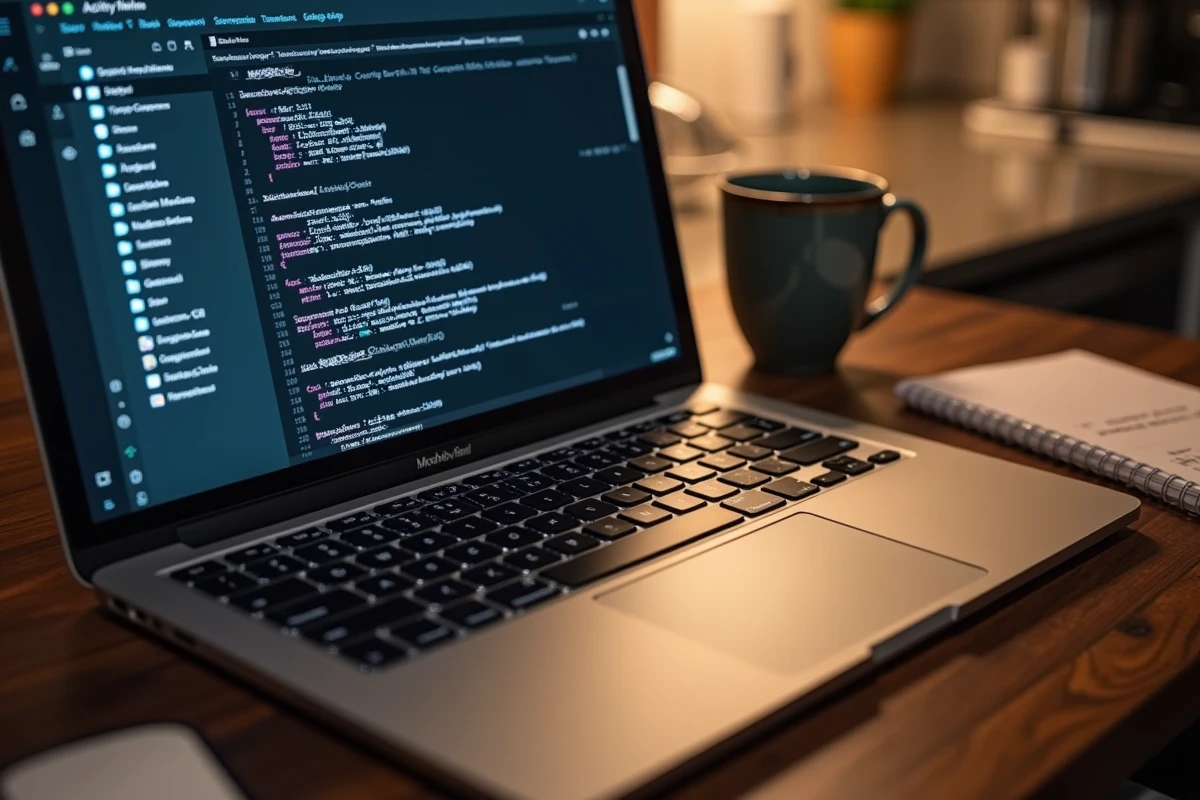 Vue rapprochée du gestionnaire de tâches macOS sur un MacBook Pro avec icône de spinning beachball sur table en bois