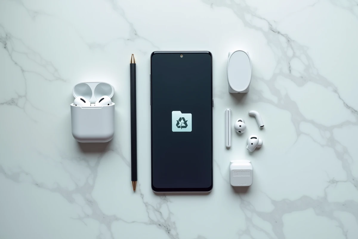Vue du dessus d'un Samsung Galaxy affichant la corbeille dans l'application gestionnaire de fichiers
